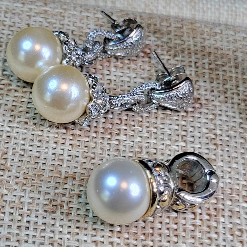 Giant Faux Pearl & Icy Rhinestone Bridal Jewelry Lot Pendant & Pierced Earrings